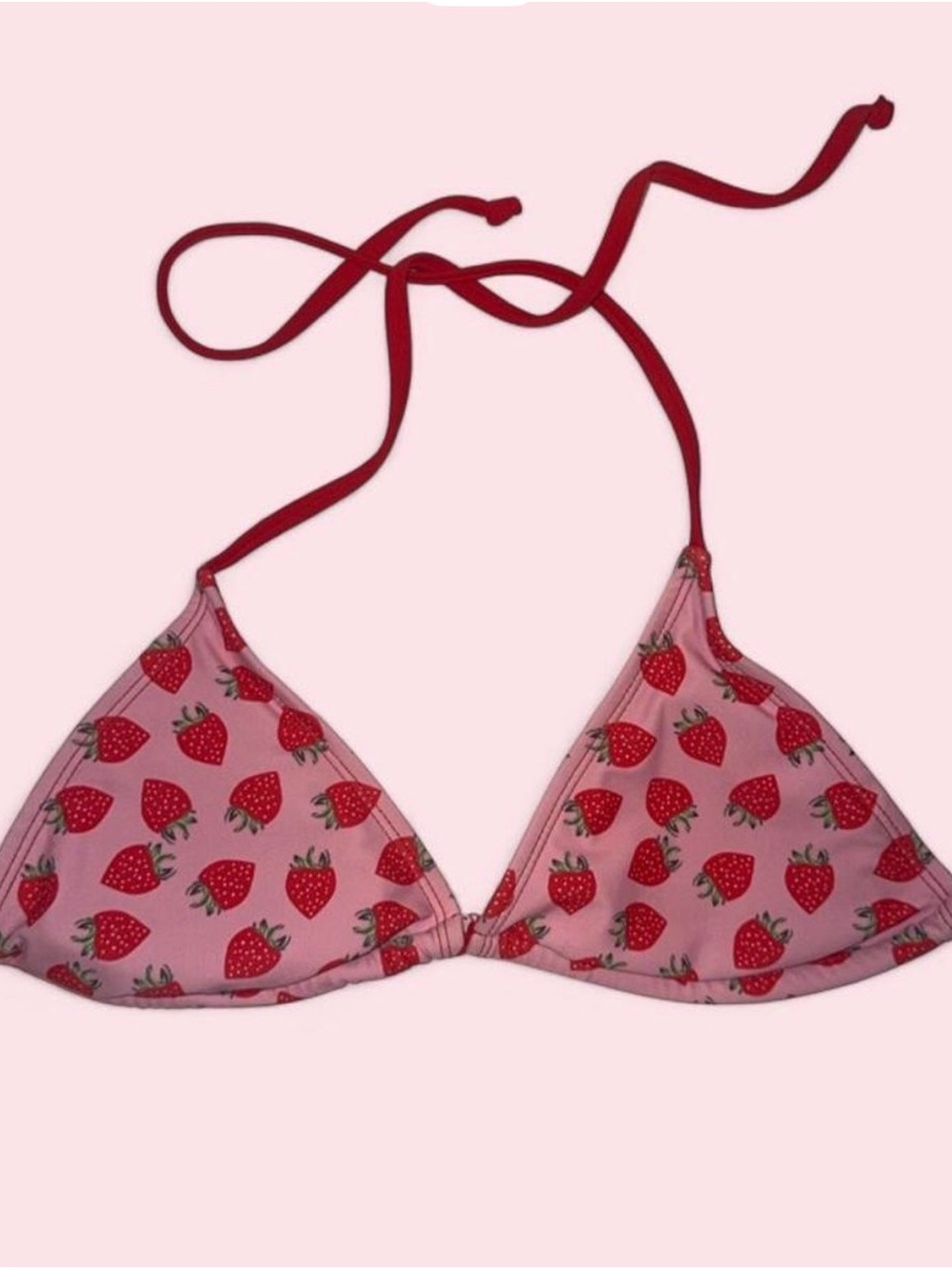 Source Unknown Pink Strawberry Print Triangle Bikini Top with Red Ties